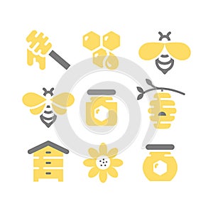 Honey, bee and honeycomb fill vector icon set