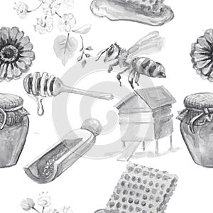 Honey bee honeycomb jar beehive illustration hand drawn set large separately on white background sketch doodle