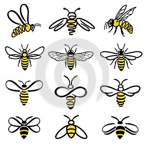 Honey Bee Icons. Creative  modern design industrious honey bees.