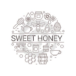 Honey and bee icons in the shape of circle