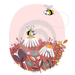 Honey bee illustration with floral background.