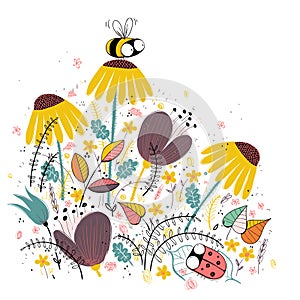 Honey bee illustration with floral background.