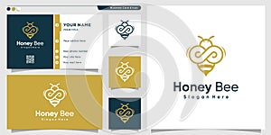 Honey bee logo with golden infinity line art style and business card design Premium Vector