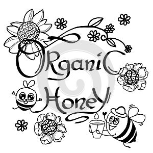 Honey bee logo. Hand drawn engraving style illustrations. Vintage label with ink hand drawn sketch of bumblebee.