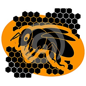 Honey bee. Honey logo with a bee and honeycomb in black color isolated on orange elipse. Modern flat design. Vector photo