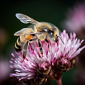 Honey bee on a pink flower busy collecting nectar