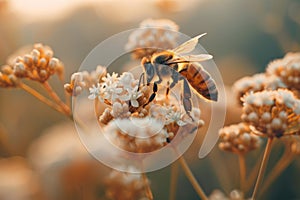 Honey bee pollenates a yellow flower