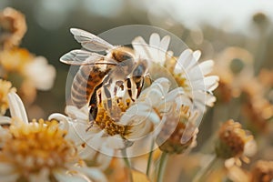 Honey bee pollenates a yellow flower