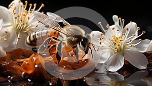 Honey bee pollinating flower, nature beauty generated by AI