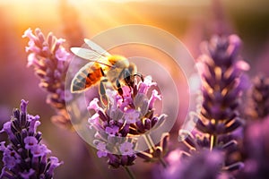 Honey bee pollinating lavender flowers on sunny summer evening