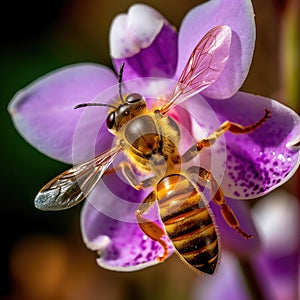 Honey bee pollinating a stunning lavender orchid flower. Generative AI