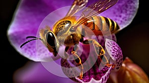 Honey bee pollinating a stunning lavender orchid flower. Generative AI