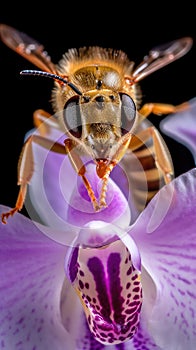 Honey bee pollinating a stunning lavender orchid flower. Generative AI