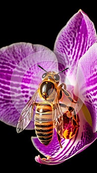 Honey bee pollinating a stunning lavender orchid flower. Generative AI