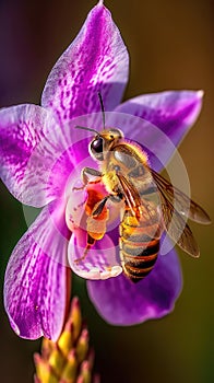 Honey bee pollinating a stunning lavender orchid flower. Generative AI