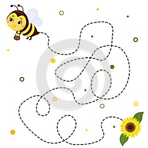 Honey bee with a pot of honey flies, sunflower flower and leaves on white background. Vector, cartoon style.