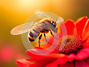 Honey bee on red flower, spring season at sunrise, wild nature