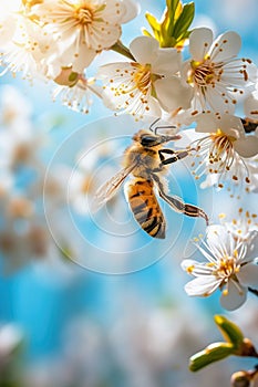 Honey bee among springtime flowers, apiary and pollination concept