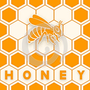 Honey bee sticker silhouette on honeycomb background