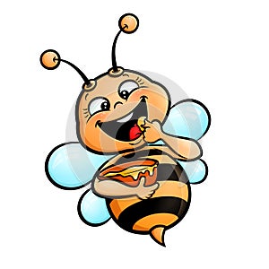 Honey bee. Vector cartoon clipart of a happy fat honey bee flying around and tasting honey.