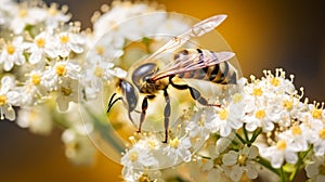 Honey bee on white flowers. Macro photo of bee on blossom. Generative AI