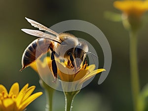 Honey bee on yellow flower collect pollen.