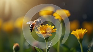 Honey bee on yellow flower collect pollen generated by Ai