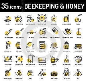 Honey beekeeping and apiculture line icons.