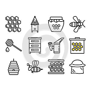 Honey beekeeping and apiculture line icons