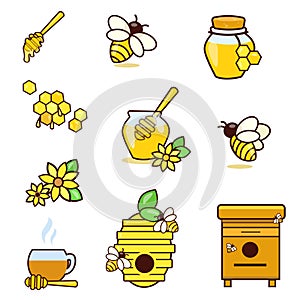 Honey and beekeeping isolated icons set with bees, beekeeper.
