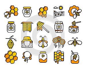 Honey and beekeeping isolated icons set with honey, bees, beekeeper, honeycombs and different beekeeping equipment