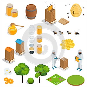 Honey and beekeeping isometric design elements. Apiary, honey, beekeeper, hives, bees, equipment, flowers. For eco