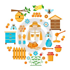 Honey beekeeping vector flat icons set photo