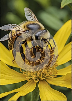 Honey bees and beautiful yellow flowers