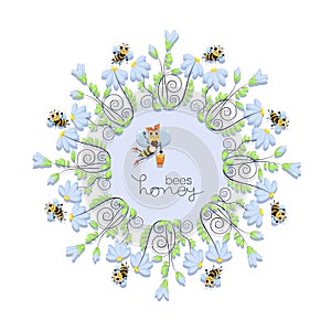 Honey bees. Cheerful bee swarm and a wreath of chamomile flowers. World Bee Day. Bee swarming