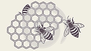 Honey Bees on a Hexagonal Honeycomb Pattern, vector design Generative AI