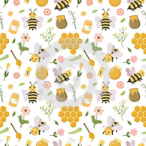 Honey bees, honey jars and other elements seamles pattern