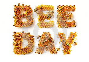 Honey bees are hovering over a honeycomb that spells out the word \