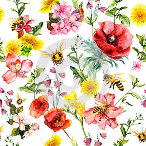 Honey bees, meadow flowers, summer grasses and plants. Repeating summer pattern. Watercolor