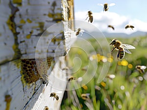 Honey bees returning to their white hives in open field