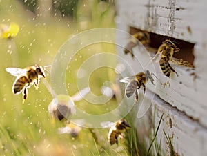 Honey bees returning to their white hives in open field