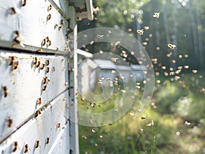 Honey bees returning to their white hives in open field