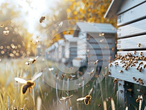 Honey bees returning to their white hives in open field