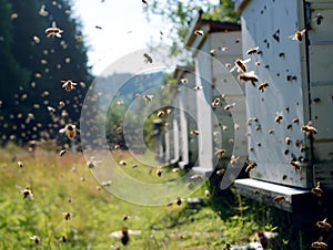 Honey bees returning to their white hives in open field