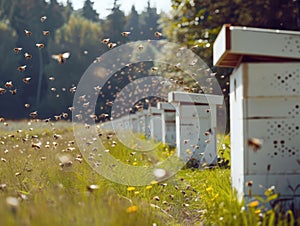 Honey bees returning to their white hives in open field