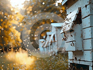 Honey bees returning to their white hives in open field