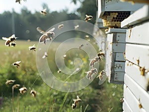 Honey bees returning to their white hives in open field