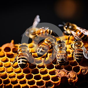 Honey bees storing nectar pollen on honeycombs close-up. Generative Ai