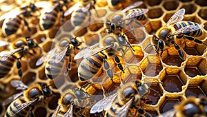 Honey bees working on honeycomb producing honey