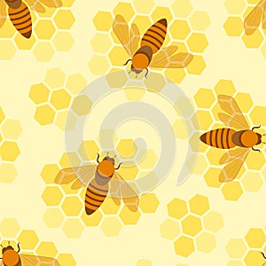 Honey bees and yellow honeycombs vector background. Seamless pattern.
